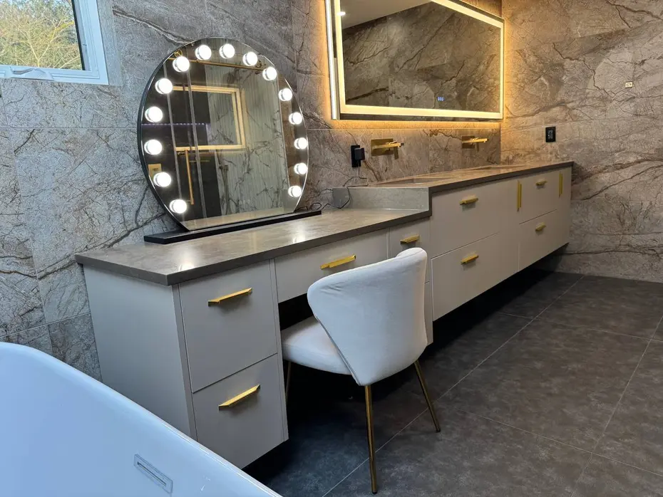 Black shower panel system with gray porcelain tile bathroom remodel