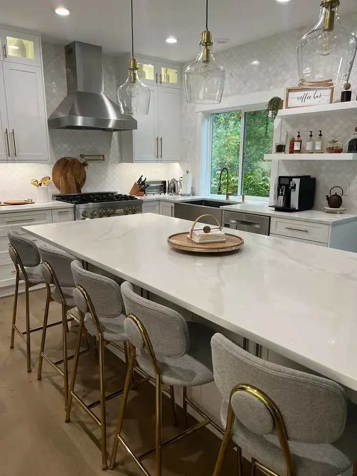 White quartz countertop island with pendant lights Kirkland WA