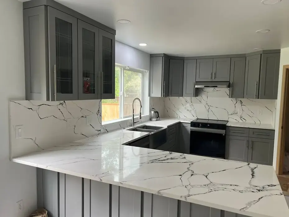 White Shaker cabinets with marble countertop and island Redmond WA