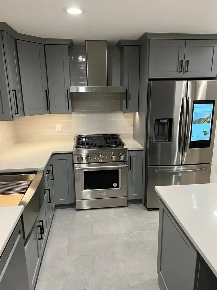 Gray Shaker cabinets with stainless steel appliances kitchen remodel